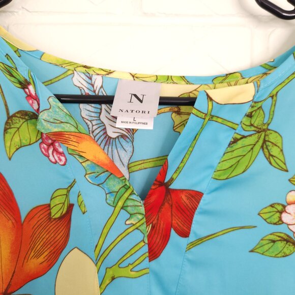 Natori Aqua Blue Lotus Flower V-neck Satin Caftan Pullover Pockets Muumuu L - Picture 3 of 9